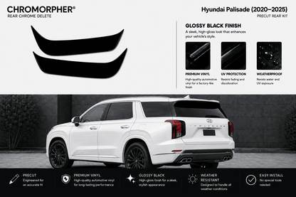 Chromorpher rear chrome delete kit shown as two black curved vinyl pieces on a white Hyundai Palisade SUV, with feature callouts and installation benefits on a dark gray background.