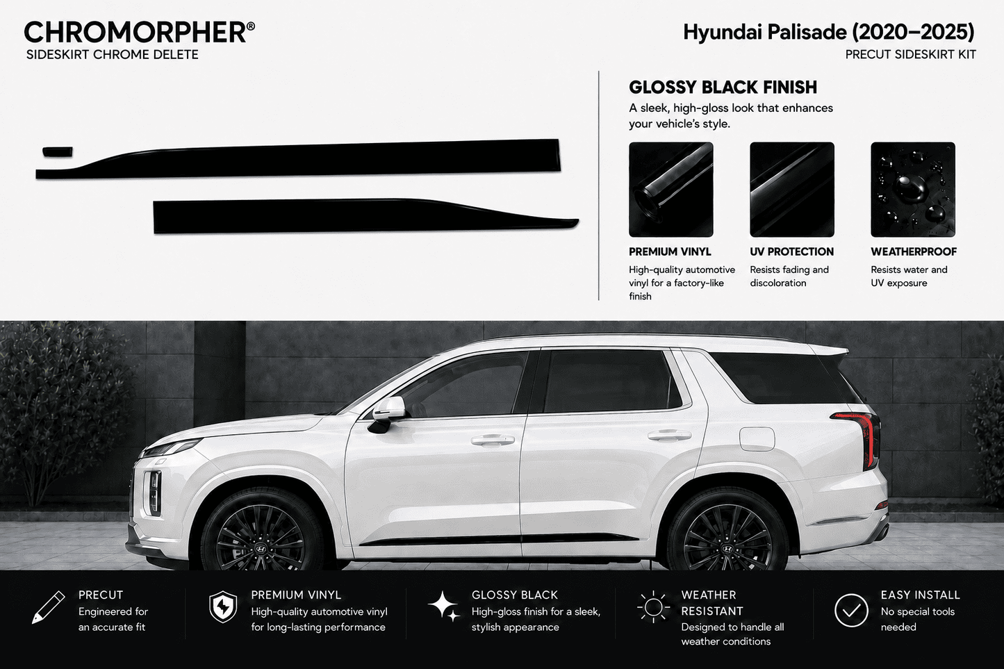 Chromorpher Hyundai Palisade sideskirt chrome delete kit in glossy black finish, shown with product details, finish examples, and a white SUV on a dark gray background.