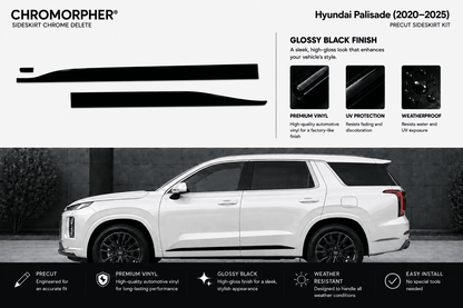 Chromorpher Hyundai Palisade sideskirt chrome delete kit in glossy black finish, shown with product details, finish examples, and a white SUV on a dark gray background.