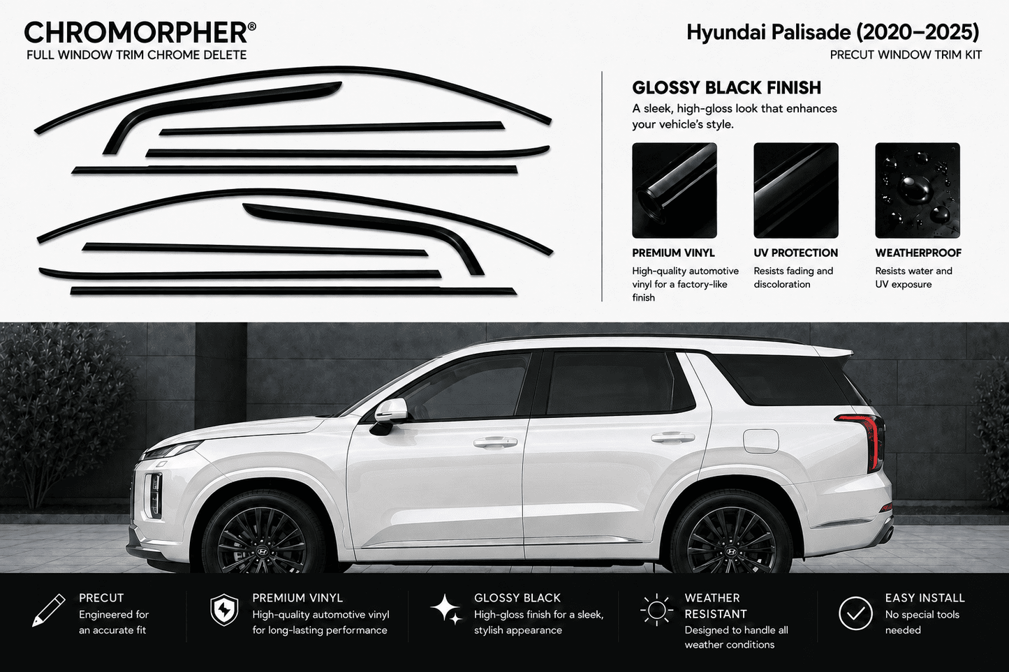 Chromorpher full window trim chrome delete kit for Hyundai Palisade (2020-2025) in glossy black finish. The image features a white Hyundai SUV on a dark gray background with black window decals shown on the top left, accompanied by feature callouts and installation benefits.