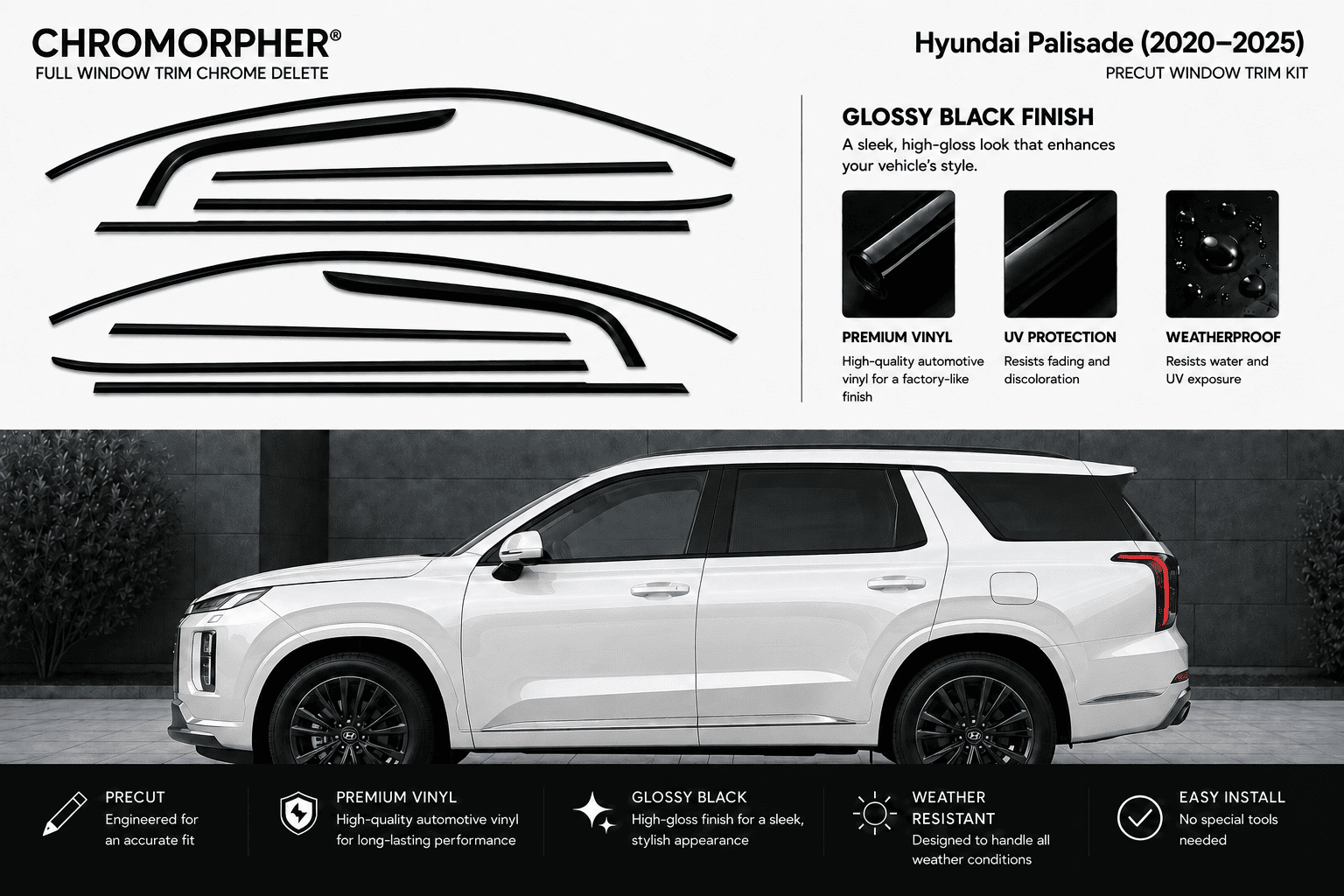 Chromorpher full window trim chrome delete kit for Hyundai Palisade (2020-2025) in glossy black finish. The image features a white Hyundai SUV on a dark gray background with black window decals shown on the top left, accompanied by feature callouts and installation benefits.
