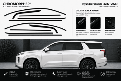 Chromorpher full window trim chrome delete kit for Hyundai Palisade (2020-2025) in glossy black finish. The image features a white Hyundai SUV on a dark gray background with black window decals shown on the top left, accompanied by feature callouts and installation benefits.