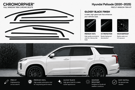 Chromorpher full window trim chrome delete kit for Hyundai Palisade (2020-2025) in glossy black finish. The image features a white Hyundai SUV on a dark gray background with black window decals shown on the top left, accompanied by feature callouts and installation benefits.