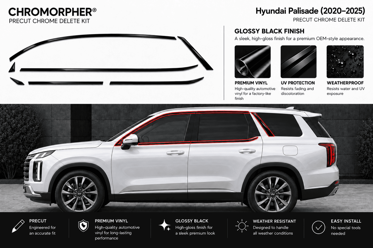 A white Hyundai Palisade SUV shown in side profile with a black chrome delete kit outline graphic above it. The image includes marketing text and feature callouts for a Chromorphor precut chrome delete kit, with gloss black finish benefits and installation notes.
