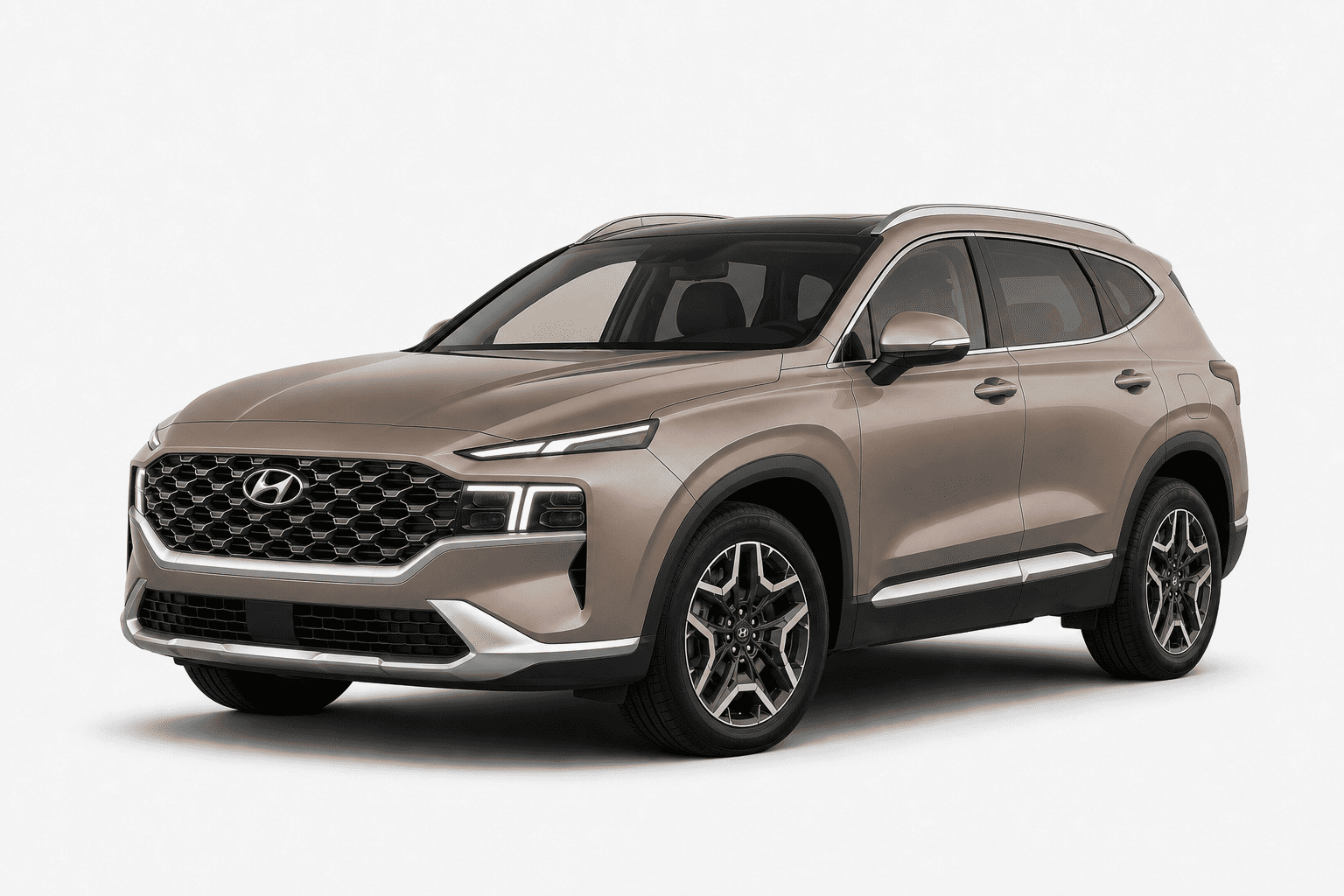 A metallic taupe Hyundai Santa Fe SUV shown from a three-quarter front angle on a clean, light gray studio background.