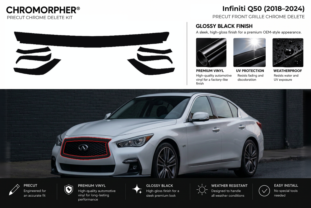 ChroMorpher Infiniti Q50 front precut chrome delete kit (2018–2024) showing the precut vinyl pieces and the trim area outlined in red.