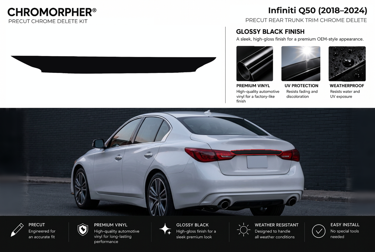 ChroMorpher Infiniti Q50 rear trunk trim precut chrome delete kit (2018–2024) showing the precut vinyl piece and the trim area outlined in red.