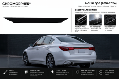 ChroMorpher Infiniti Q50 rear trunk trim precut chrome delete kit (2018–2024) showing the precut vinyl piece and the trim area outlined in red.