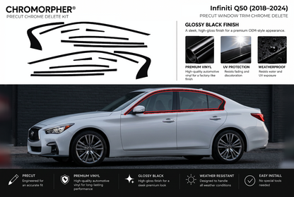 ChroMorpher Infiniti Q50 window trim precut chrome delete kit (2018–2024) showing the precut vinyl pieces and the trim area outlined in red.
