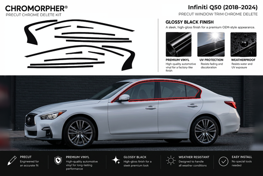 ChroMorpher Infiniti Q50 window trim precut chrome delete kit (2018–2024) showing the precut vinyl pieces and the trim area outlined in red.