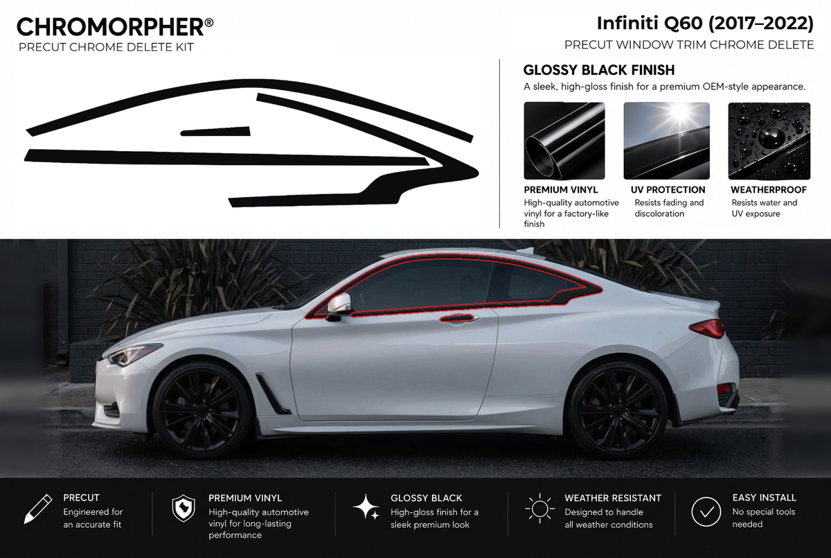 ChroMorpher Infiniti Q60 window trim precut chrome delete kit (2017–2022) showing the precut vinyl pieces and the trim area outlined in red.