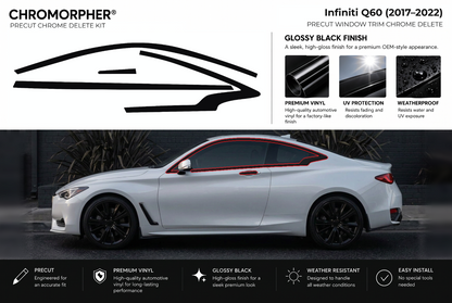 ChroMorpher Infiniti Q60 window trim precut chrome delete kit (2017–2022) showing the precut vinyl pieces and the trim area outlined in red.
