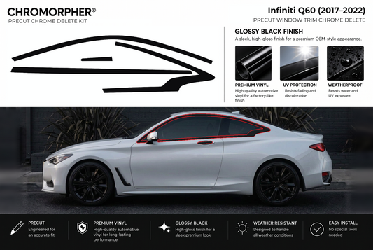 ChroMorpher Infiniti Q60 window trim precut chrome delete kit (2017–2022) showing the precut vinyl pieces and the trim area outlined in red.
