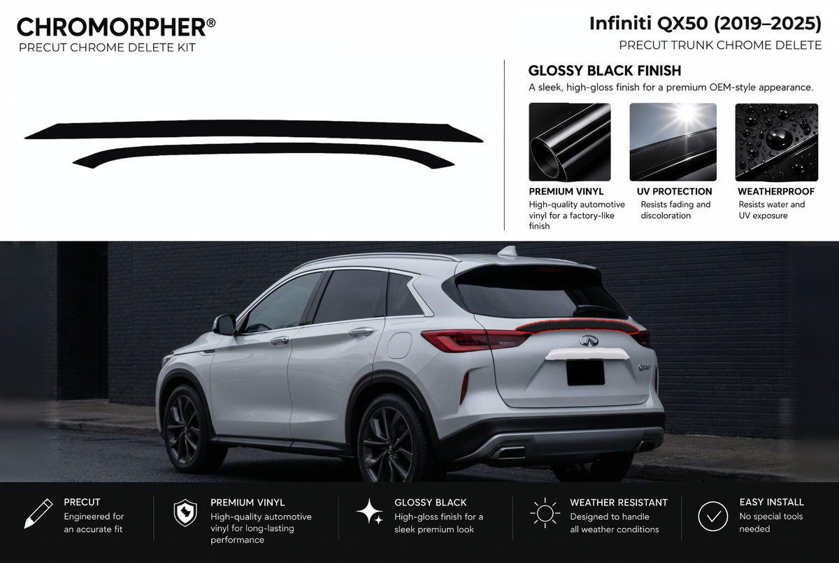 ChroMorpher Infiniti QX50 trunk precut chrome delete kit (2019–2025) showing the precut vinyl pieces and the trim area outlined in red.