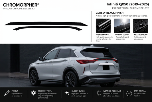 ChroMorpher Infiniti QX50 trunk precut chrome delete kit (2019–2025) showing the precut vinyl pieces and the trim area outlined in red.