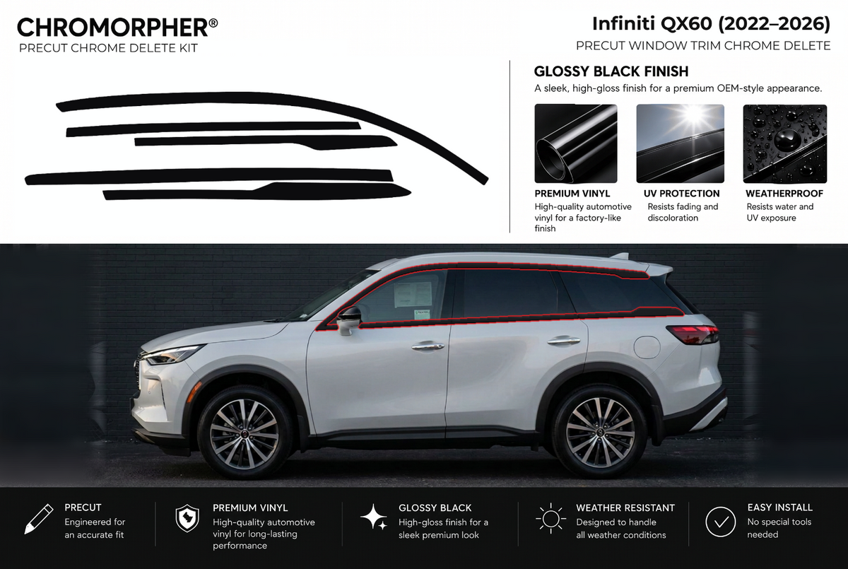ChroMorpher Infiniti QX60 window trim precut chrome delete kit (2022–2026) showing the precut vinyl pieces and the trim area outlined in red.