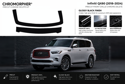 ChroMorpher Infiniti QX80 front precut chrome delete kit (2018–2024) showing the precut vinyl pieces and the trim area outlined in red.