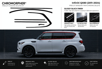 ChroMorpher Infiniti QX80 window trim precut chrome delete kit (2011–2024) showing the precut vinyl pieces and the trim area outlined in red.