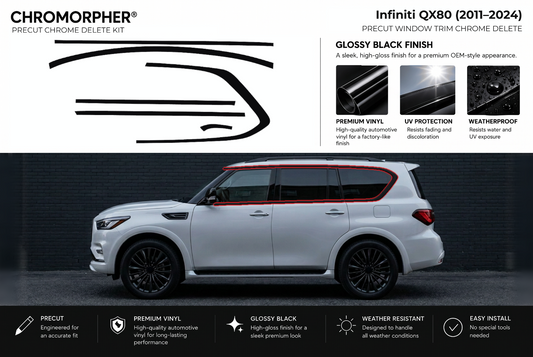 ChroMorpher Infiniti QX80 window trim precut chrome delete kit (2011–2024) showing the precut vinyl pieces and the trim area outlined in red.
