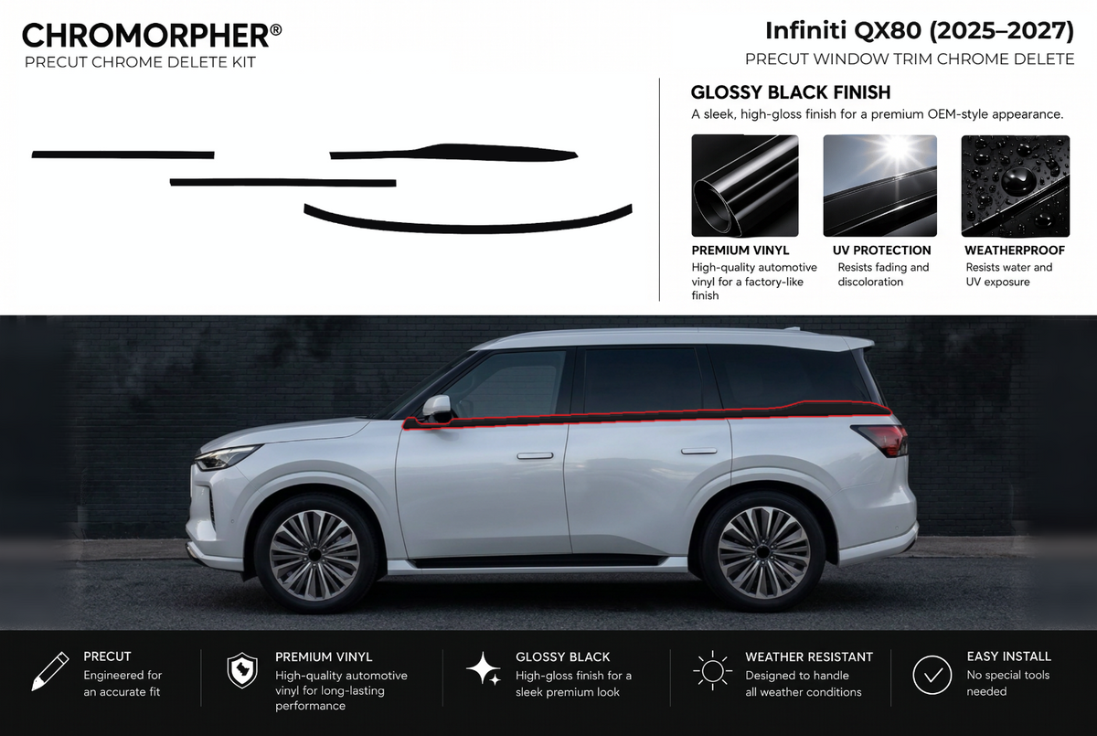 ChroMorpher Infiniti QX80 window trim precut chrome delete kit (2025–2027) showing the precut vinyl pieces and the trim area outlined in red.