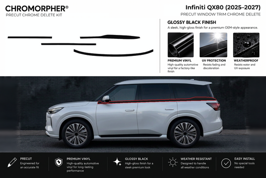ChroMorpher Infiniti QX80 window trim precut chrome delete kit (2025–2027) showing the precut vinyl pieces and the trim area outlined in red.