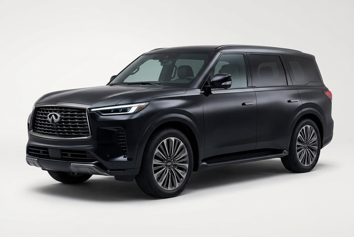 Infiniti QX80 (2025–2027) shown from a front three-quarter angle on a light studio background.