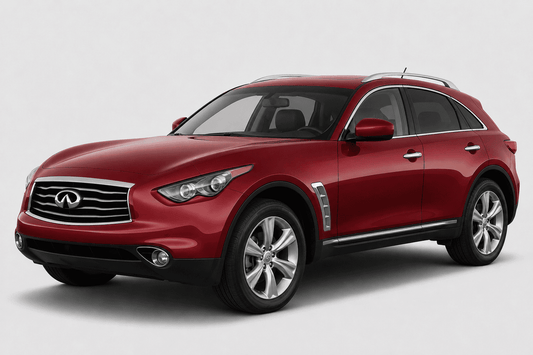 A red Infiniti FX50 SUV photographed at a three-quarter front angle against a light gray studio background.