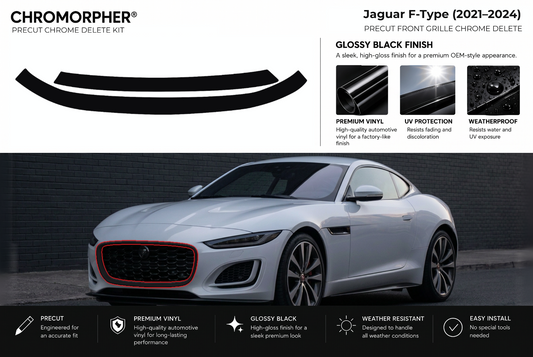 ChroMorpher Jaguar F-Type front precut chrome delete kit (2021–2024) showing the precut vinyl pieces and the trim area outlined in red.