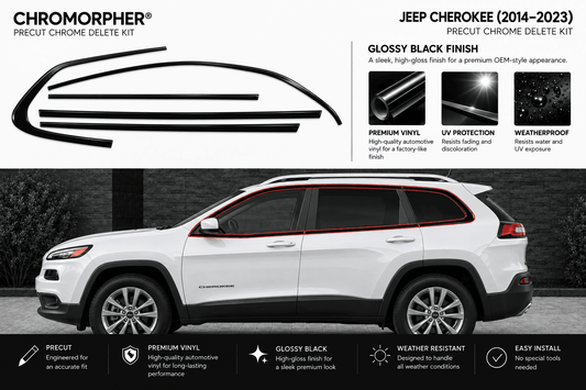 Chromorphor Jeep Cherokee (2014-2023) Precut Chrome Delete Kit in glossy black finish. The image features a white Jeep Cherokee with a red line indicating the chrome trim deletion path, alongside a graphic of the chrome strip and informational text blocks detailing the product features.