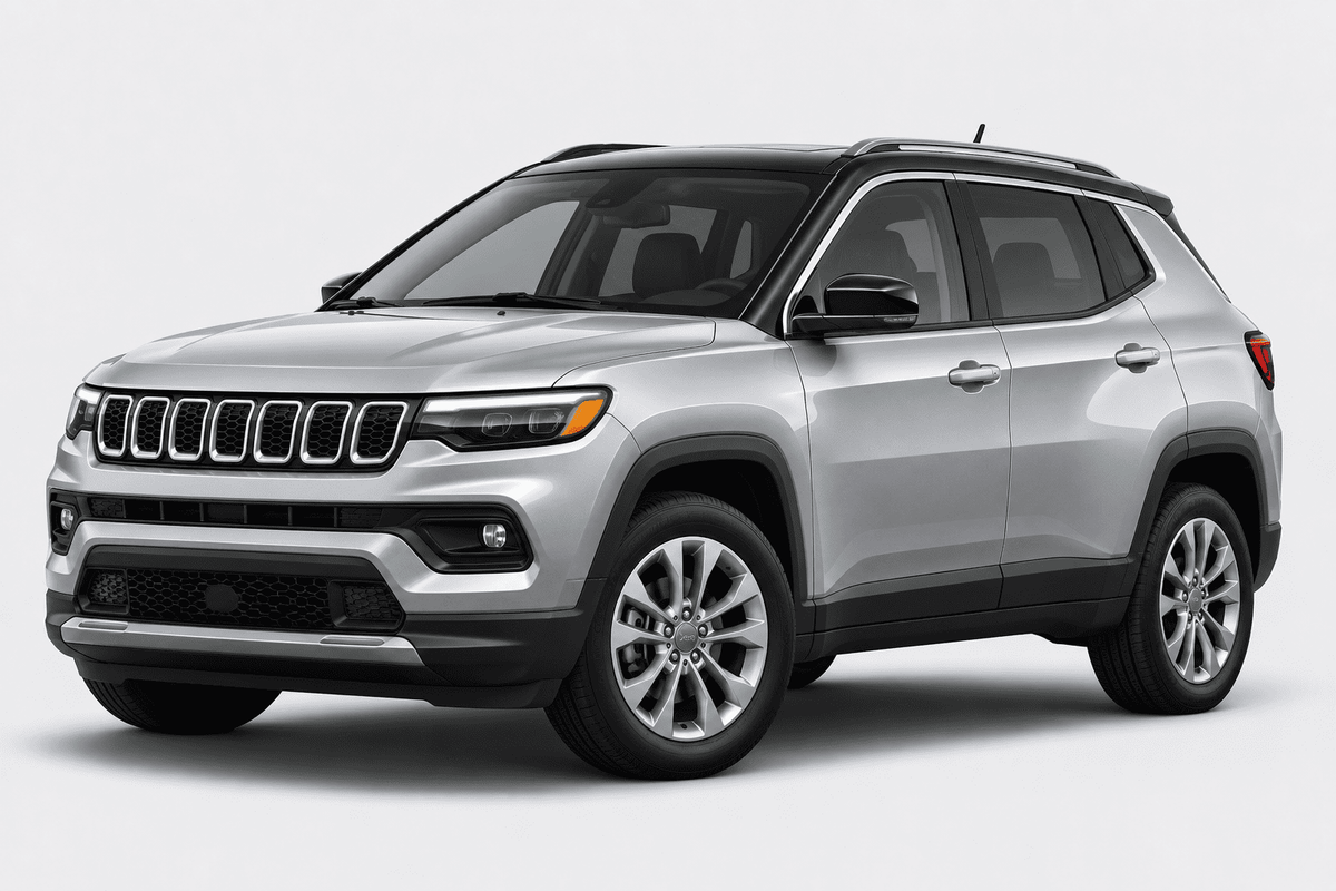 A silver Jeep Cherokee SUV shown from a three-quarter front angle on a light gray studio background.