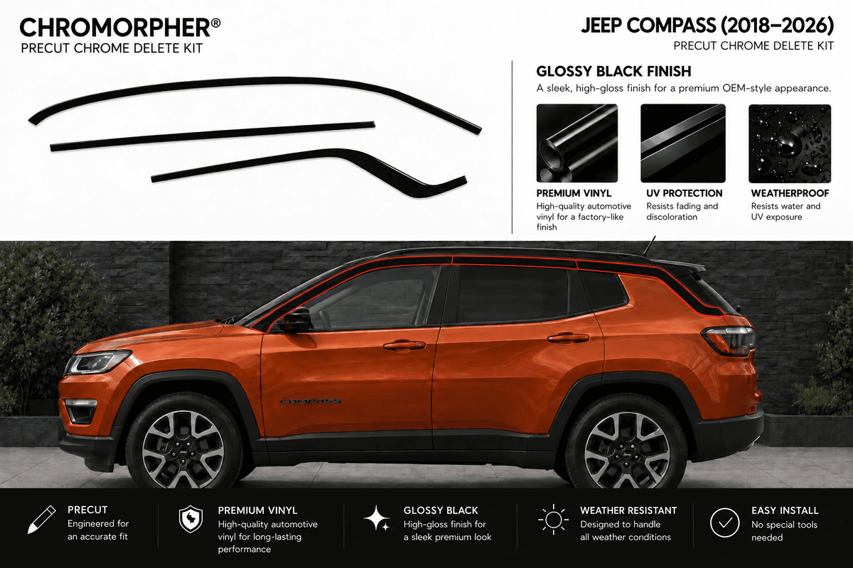 Chromorpher Precut Chrome Delete Kit for Jeep Compass (2018-2026) in glossy black finish. The graphic features a metallic orange Jeep Compass SUV on a dark background, with black chrome trim graphics shown at the top, product features, and installation benefits listed at the bottom.