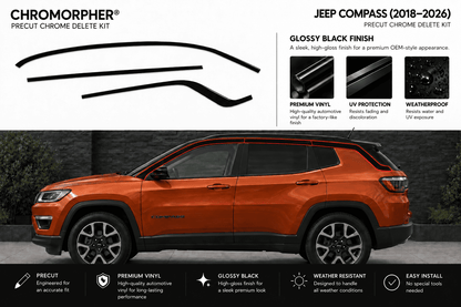 Chromorpher Precut Chrome Delete Kit for Jeep Compass (2018-2026) in glossy black finish. The graphic features a metallic orange Jeep Compass SUV on a dark background, with black chrome trim graphics shown at the top, product features, and installation benefits listed at the bottom.