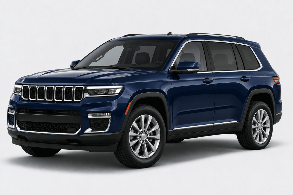 A dark blue Jeep Grand Cherokee SUV shown from a three-quarter front angle against a light gray studio background.