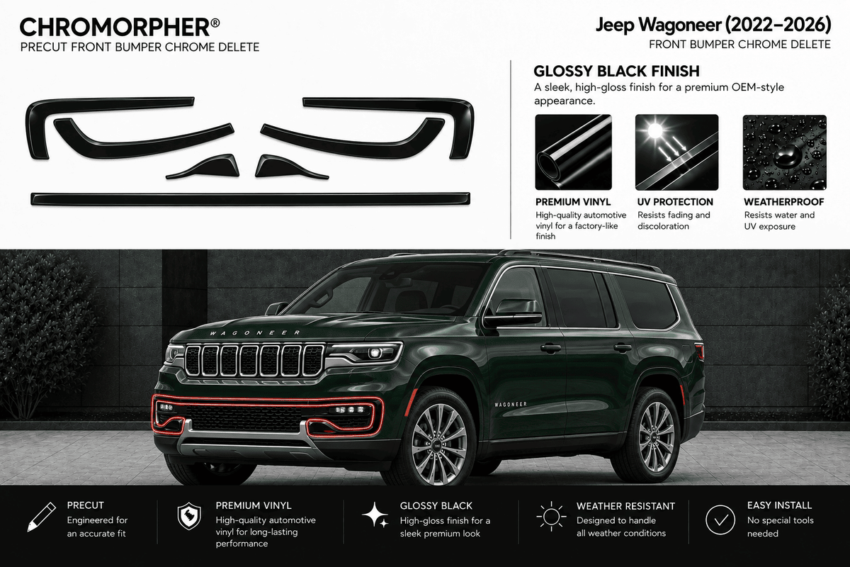Chromorphor Jeep Wagoneer front bumper chrome delete kit shown with multiple black trim pieces on a white background, plus a dark green Jeep Wagoneer SUV demonstrating the installed effect with red accent lines.