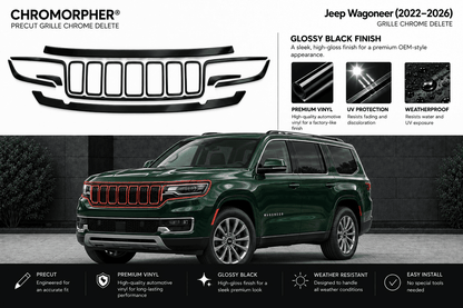 Chromorphor Jeep Wagoneer grille chrome delete decal shown on a dark green SUV with feature callouts and installation benefits.
