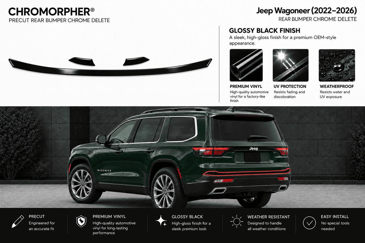 Chromorpher precut rear bumper chrome delete kit shown above a dark green Jeep Wagoneer SUV on a black promotional background. The top section shows the chrome delete strip product and feature callouts for glossy black finish, premium vinyl, UV protection, and weatherproof design.