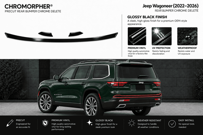 Chromorpher precut rear bumper chrome delete kit shown above a dark green Jeep Wagoneer SUV on a black promotional background. The top section shows the chrome delete strip product and feature callouts for glossy black finish, premium vinyl, UV protection, and weatherproof design.