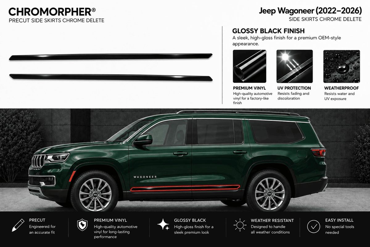Chromorphor Jeep Wagoneer side skirts chrome delete gloss black finish kit shown with two black side skirt profiles on a white background and a dark green SUV on a black road scene below, with feature callouts and installation benefits.