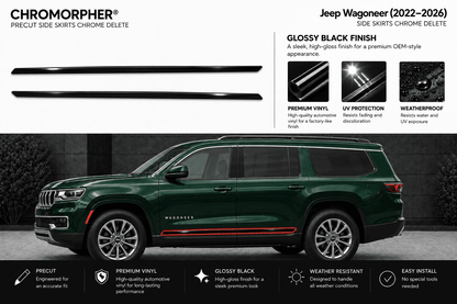 Chromorphor Jeep Wagoneer side skirts chrome delete gloss black finish kit shown with two black side skirt profiles on a white background and a dark green SUV on a black road scene below, with feature callouts and installation benefits.