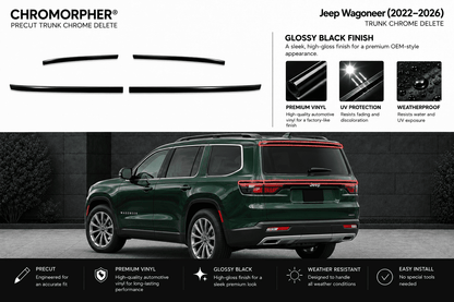 Chromorphor Precut Trunk Chrome Delete kit for Jeep Wagoneer (2022-2026) shown with four chrome strip pieces on a white background above, and the vehicle installed in a dark setting below with feature callouts.