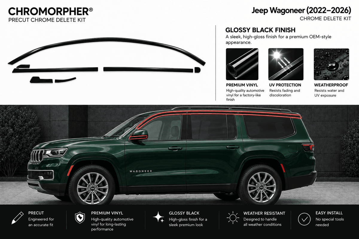 Chromorphor Jeep Wagoneer chrome delete kit shown with a dark green SUV on a black background, featuring product cutout graphics, gloss black finish details, and feature callouts for premium vinyl, UV protection, and weatherproofing.