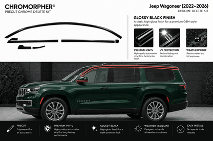 Chromorphor Jeep Wagoneer chrome delete kit shown with a dark green SUV on a black background, featuring product cutout graphics, gloss black finish details, and feature callouts for premium vinyl, UV protection, and weatherproofing.