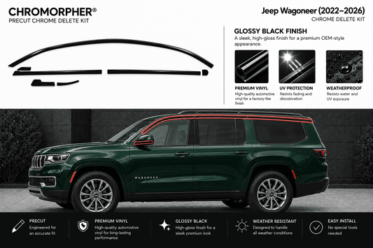 Chromorphor Jeep Wagoneer chrome delete kit shown with a dark green SUV on a black background, featuring product cutout graphics, gloss black finish details, and feature callouts for premium vinyl, UV protection, and weatherproofing.
