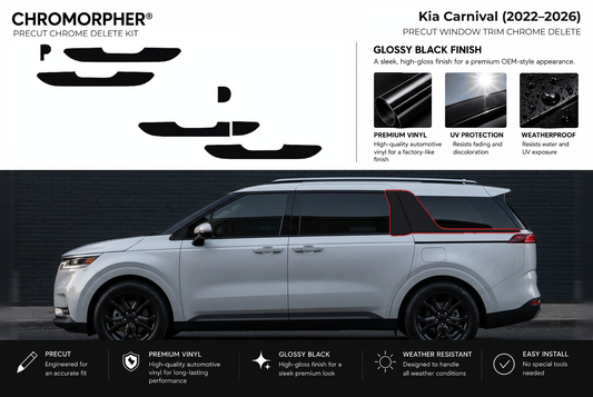 ChroMorpher Kia Carnival window trim precut chrome delete kit (2022–2026) showing the precut vinyl pieces and the trim area outlined in red.