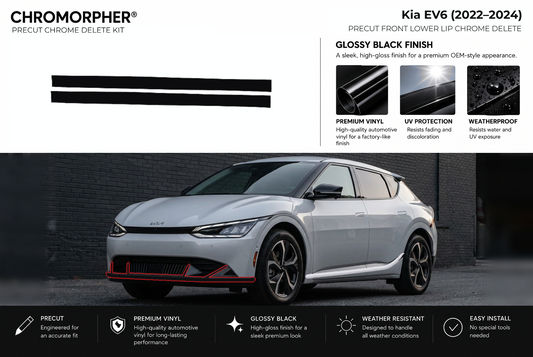 ChroMorpher Kia EV6 front lower lip precut chrome delete kit (2022–2024) showing the precut vinyl pieces and the trim area outlined in red.