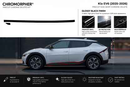 ChroMorpher Kia EV6 side skirts precut chrome delete kit (2025–2026) showing the precut vinyl pieces and the trim area outlined in red.