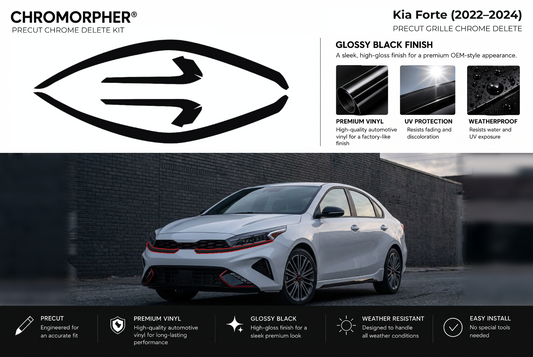 ChroMorpher Kia Forte grille precut chrome delete kit (2022–2024) showing the precut vinyl pieces and the trim area outlined in red.