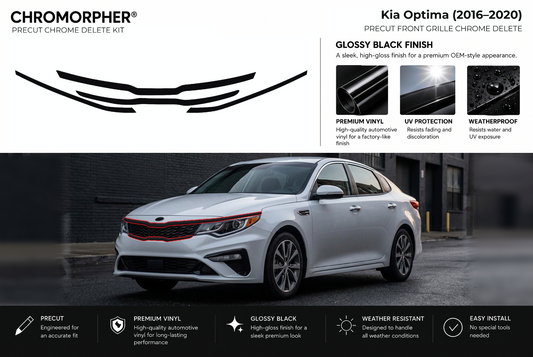 ChroMorpher Kia Optima front precut chrome delete kit (2016–2020) showing the precut vinyl pieces and the trim area outlined in red.