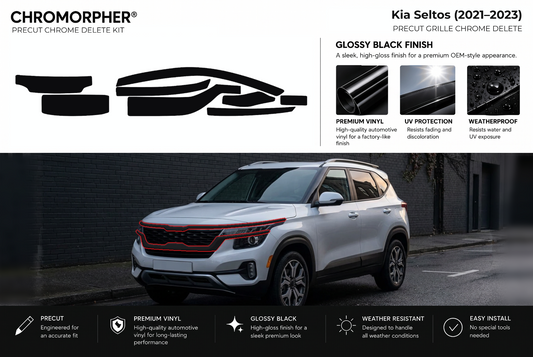 ChroMorpher Kia Seltos grille precut chrome delete kit (2021–2023) showing the precut vinyl pieces and the trim area outlined in red.