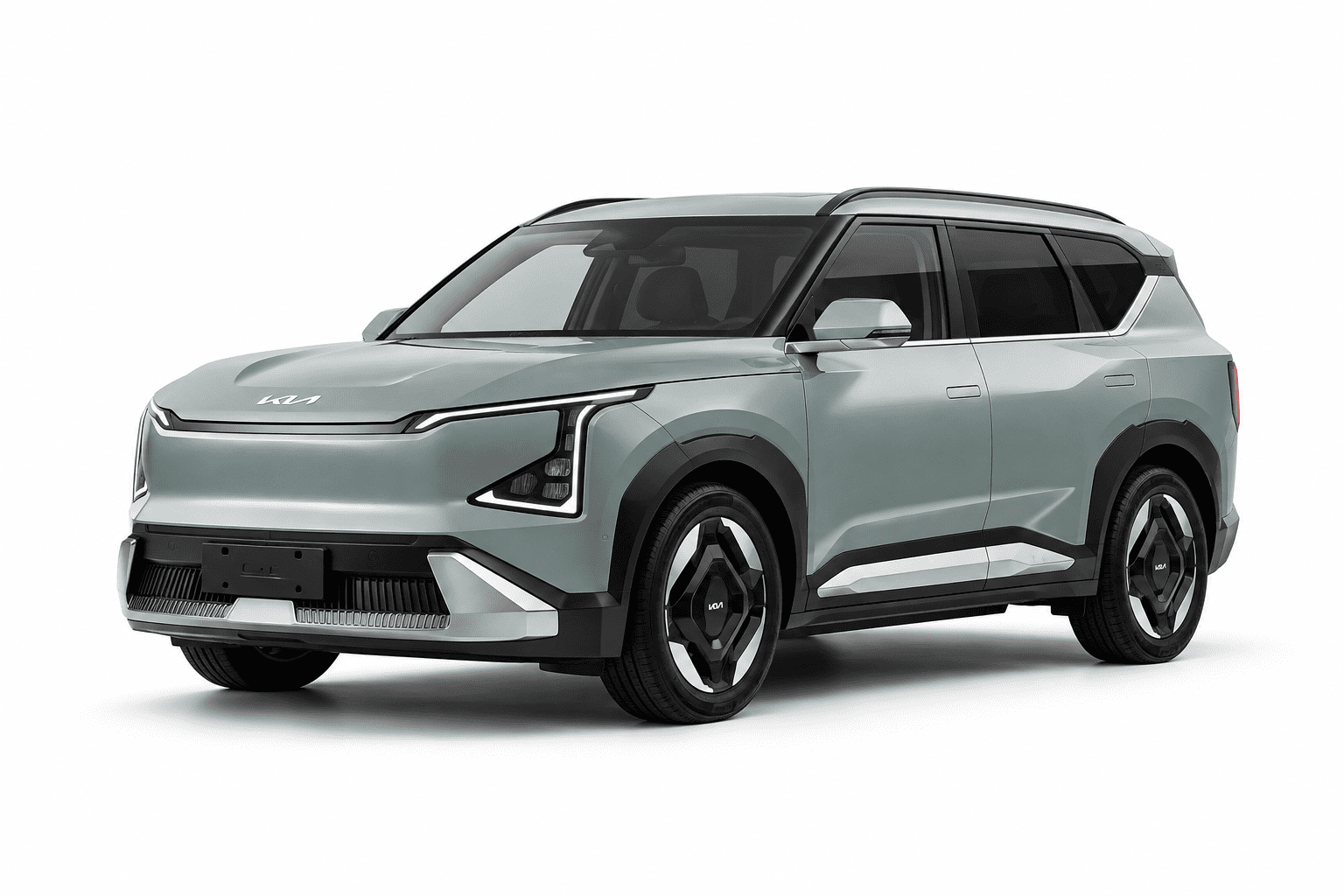 A light gray electric SUV with black wheels and trim, shown from a three-quarter front angle on a white background.